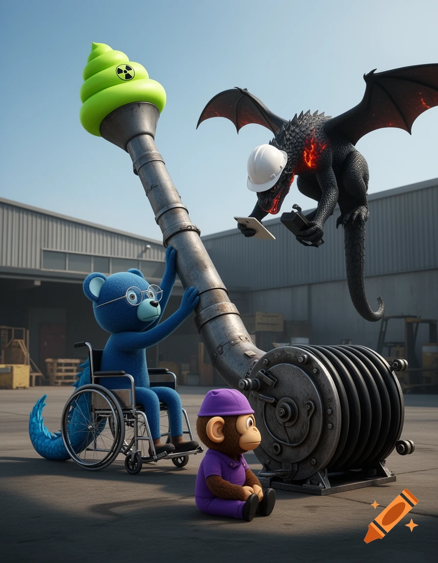 3D render of a blue bear-alien in a wheelchair holding a tube with a green radiation poop rocket, a purple monkey, and a black dragon foreman.