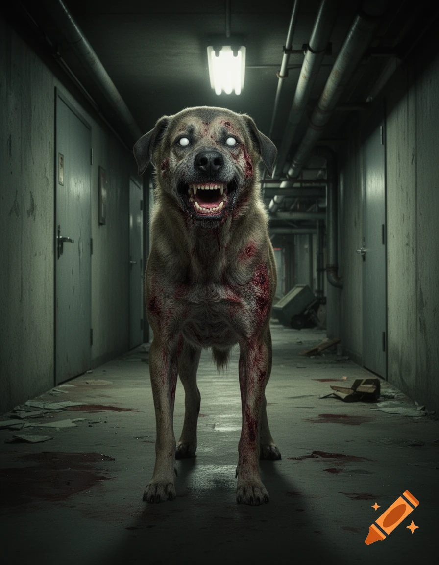 Photorealistic survival-horror zombie dog standing in a dark, abandoned service corridor.