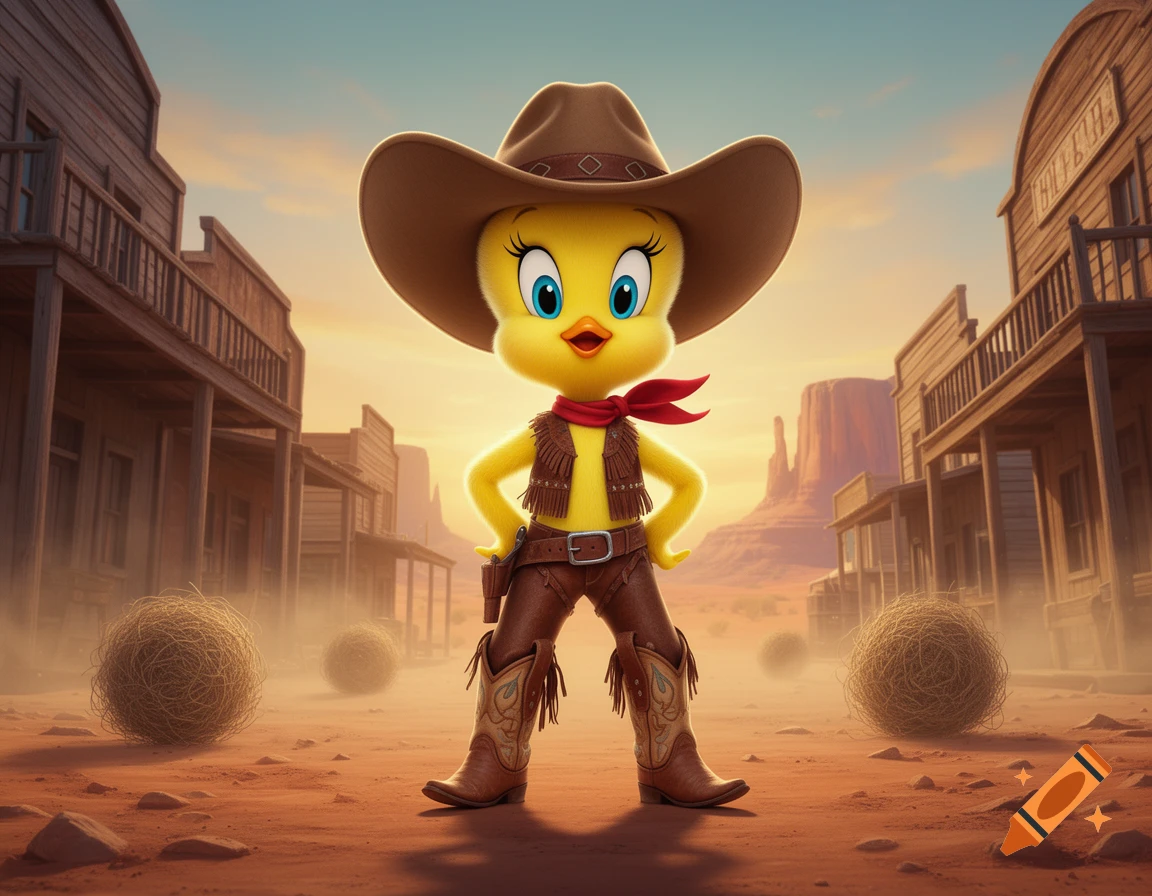 3D cartoon style image of Tweety Bird dressed as a cowboy in a western town with tumbleweeds.