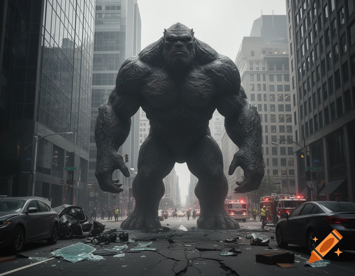 Photorealistic image of a giant monster standing in a debris-filled New York City street between skyscrapers.