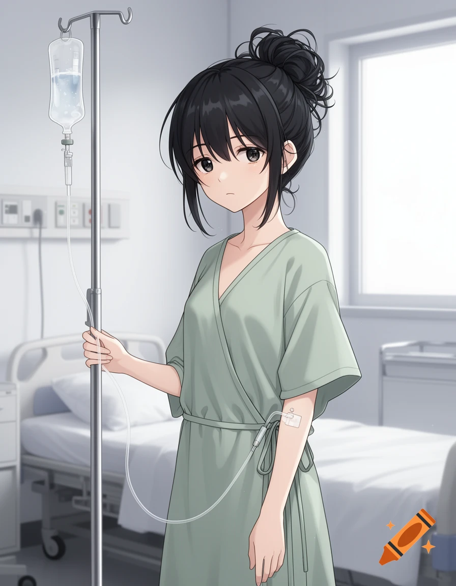 Anime girl with black hair in a messy bun wearing a hospital gown and holding an IV pole in a hospital room.
