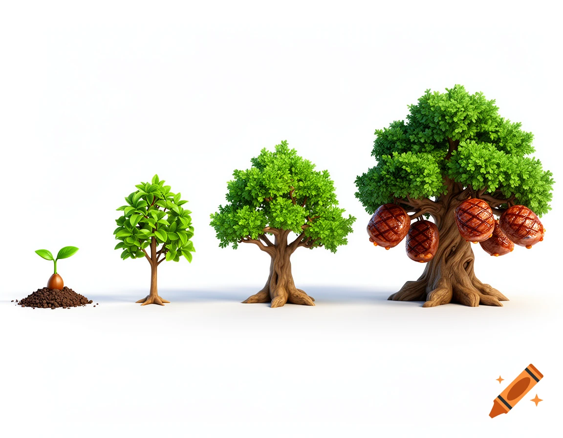 3D stylized game asset showing four growth stages of an oak tree yielding meat cuts, on white background.