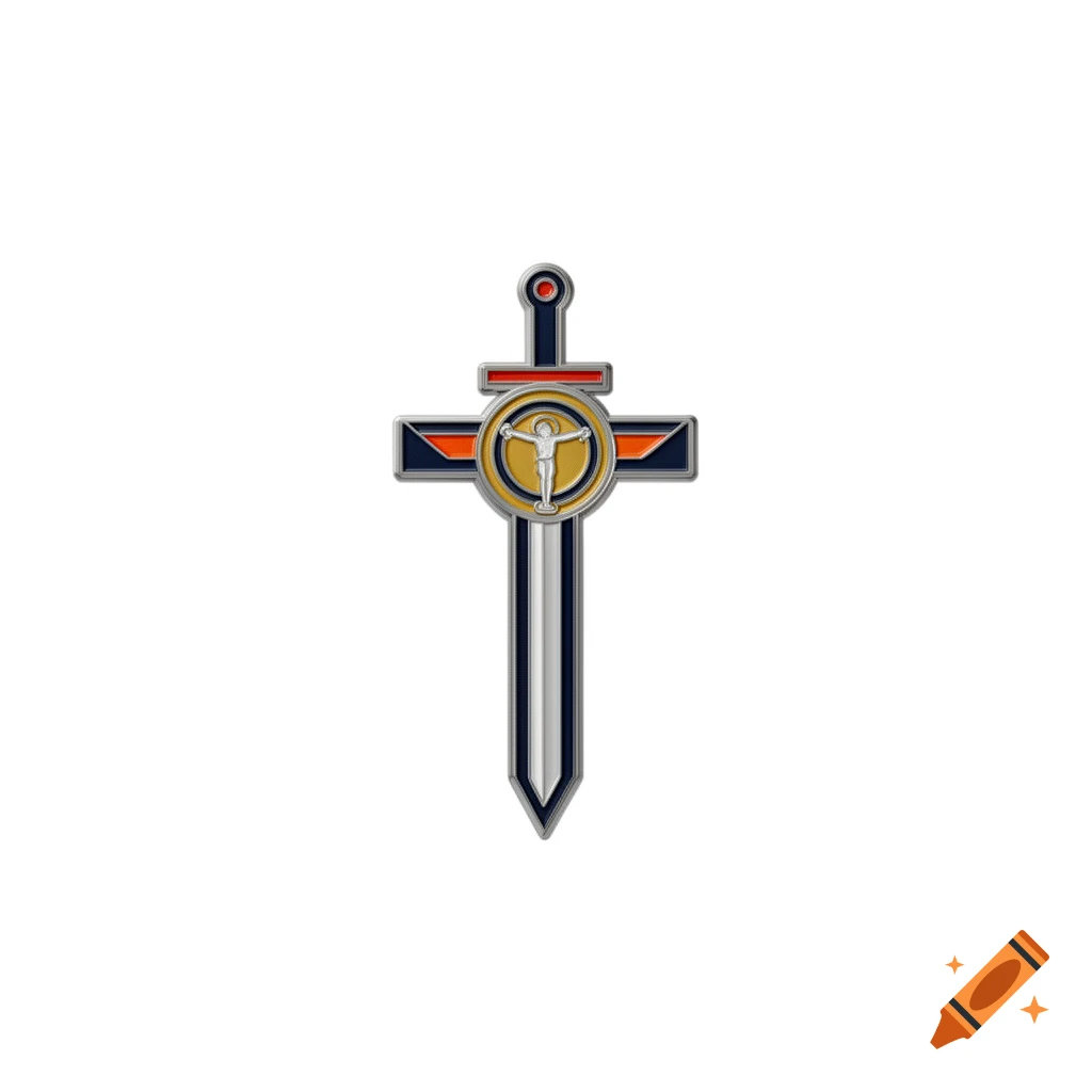 Enamel pin shaped like a sword with a crucifix embedded in the center, isolated on a white background.