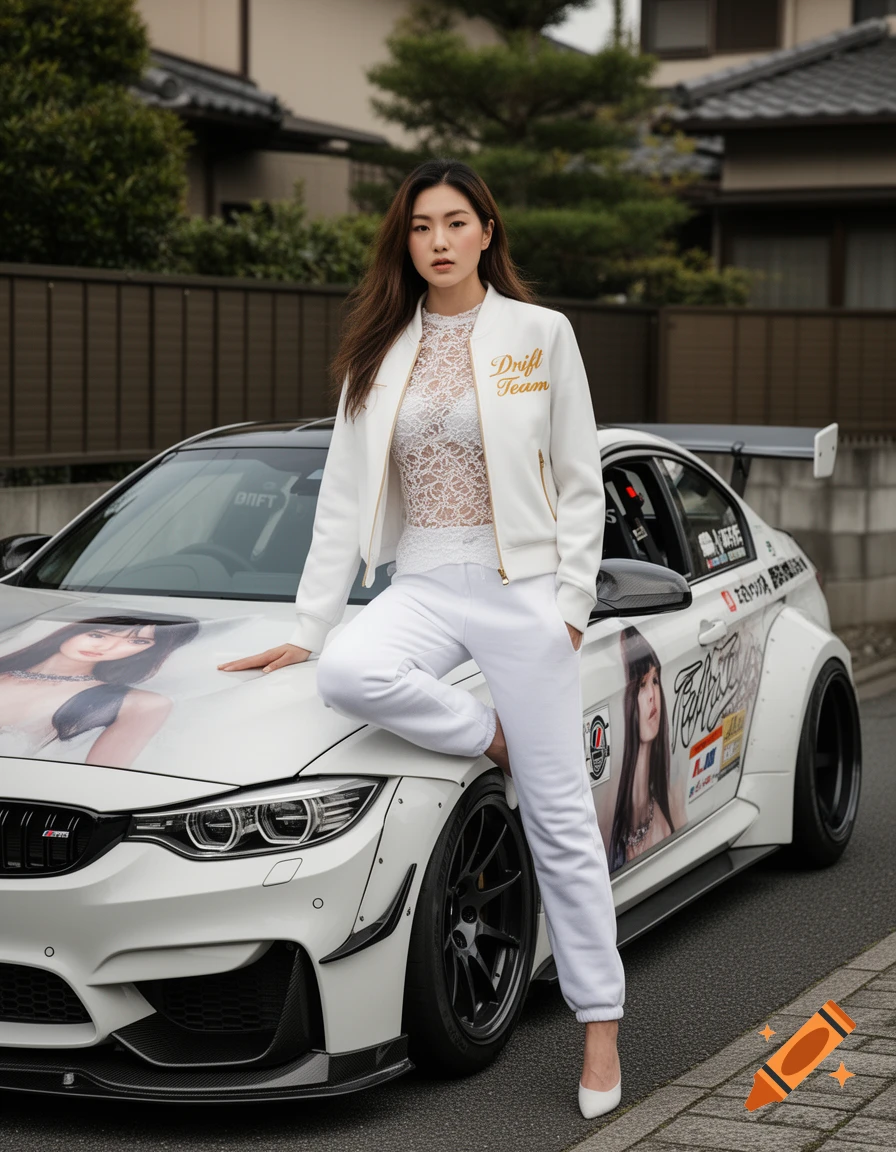 A 22-year-old Asian woman posing against a white drift car in a Japanese yard, realistic editorial fashion photography.
