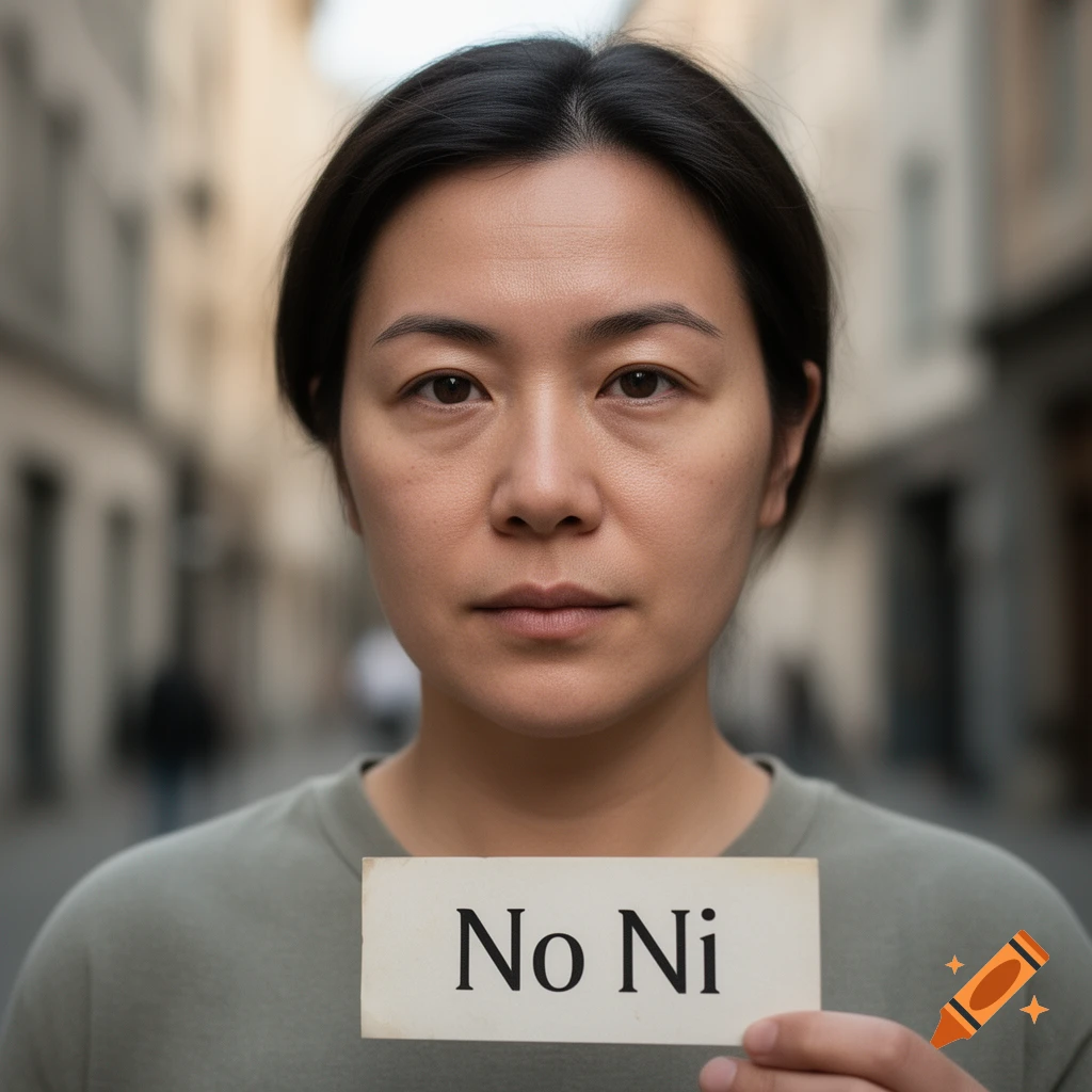Close-up photorealistic portrait of an Asian woman holding a sign that reads 'No Ni' in an outdoor setting.