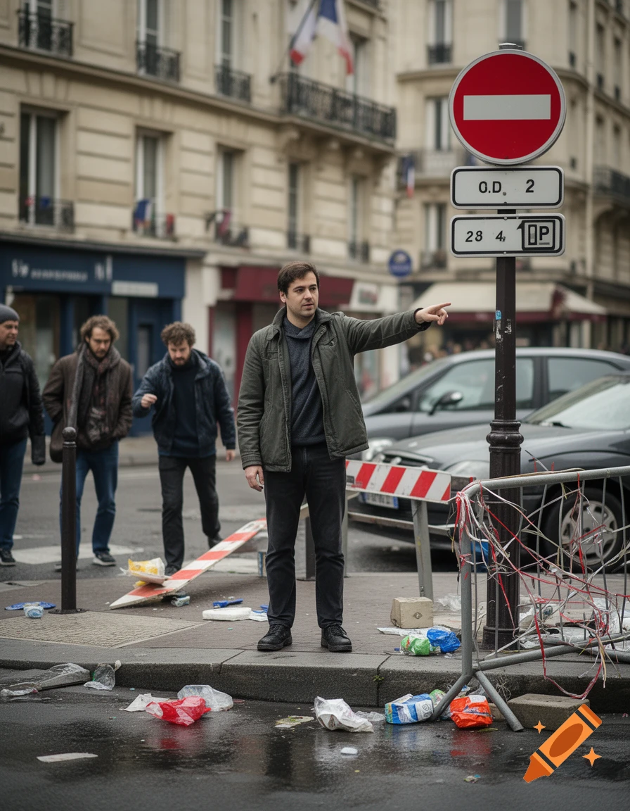 Photorealistic image of a man pointing at a confused traffic sign on a street in Paris with debris on the ground.