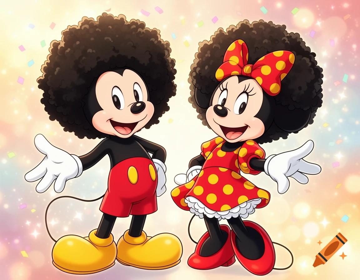 Mickey and Minnie Mouse with large afro hairstyles in a colorful cartoon style against a sparkly background.