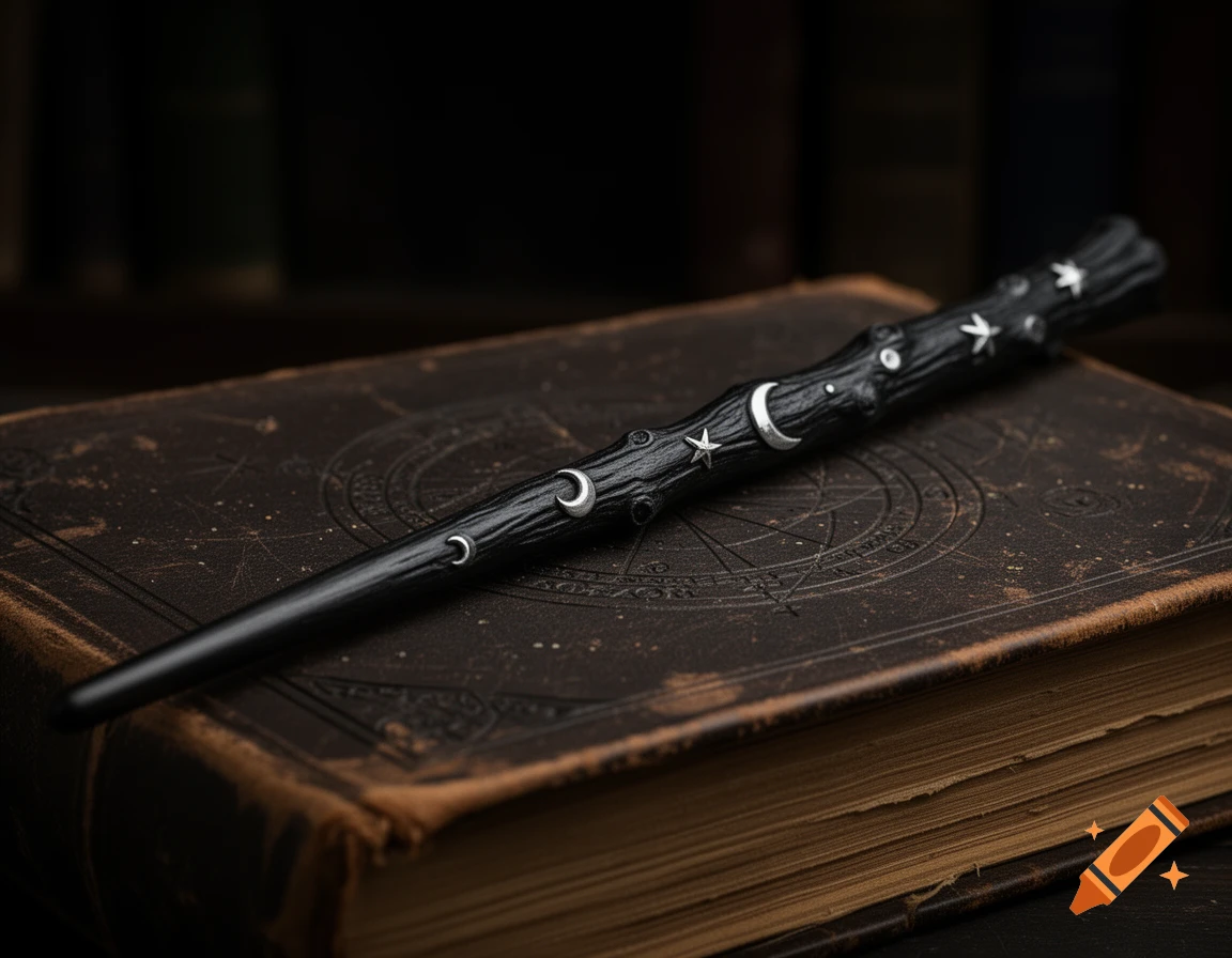Photorealistic black magic wand with silver crescent moons and stars resting on an old astronomical book.