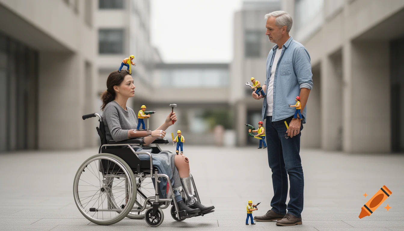 Photorealistic scene of a woman in a wheelchair and a standing man surrounded by tiny construction worker figurines acting on them.