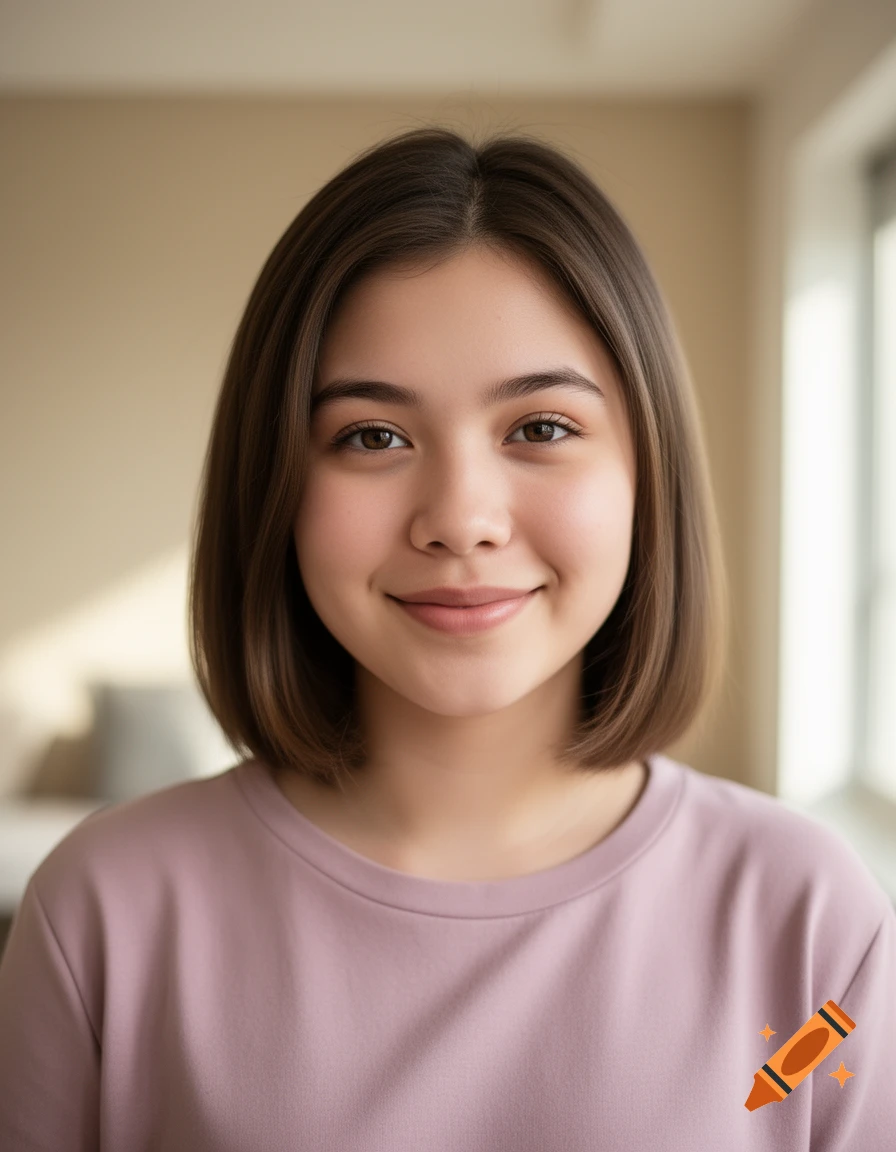 Close-up portrait of a young woman with short brown hair smiling gently, wearing a pink t-shirt in a brightly lit room, photorealistic.