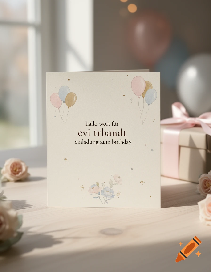 A greeting card with balloons and flowers on a wooden table, with a wrapped gift in the background.