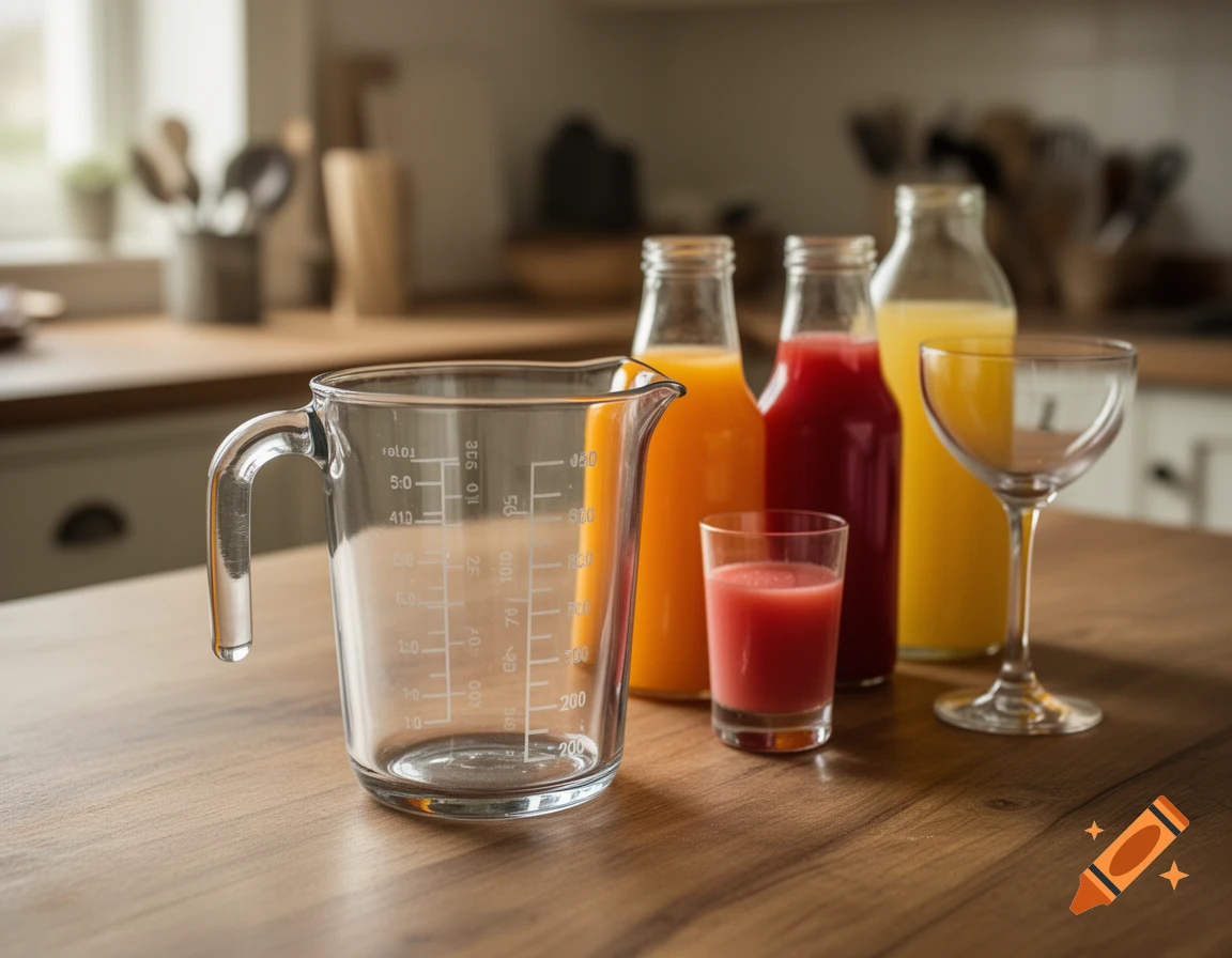Photorealistic image of a glass measuring cup with measurement markings on a wooden kitchen table, with bottles of juice and a cocktail glass.