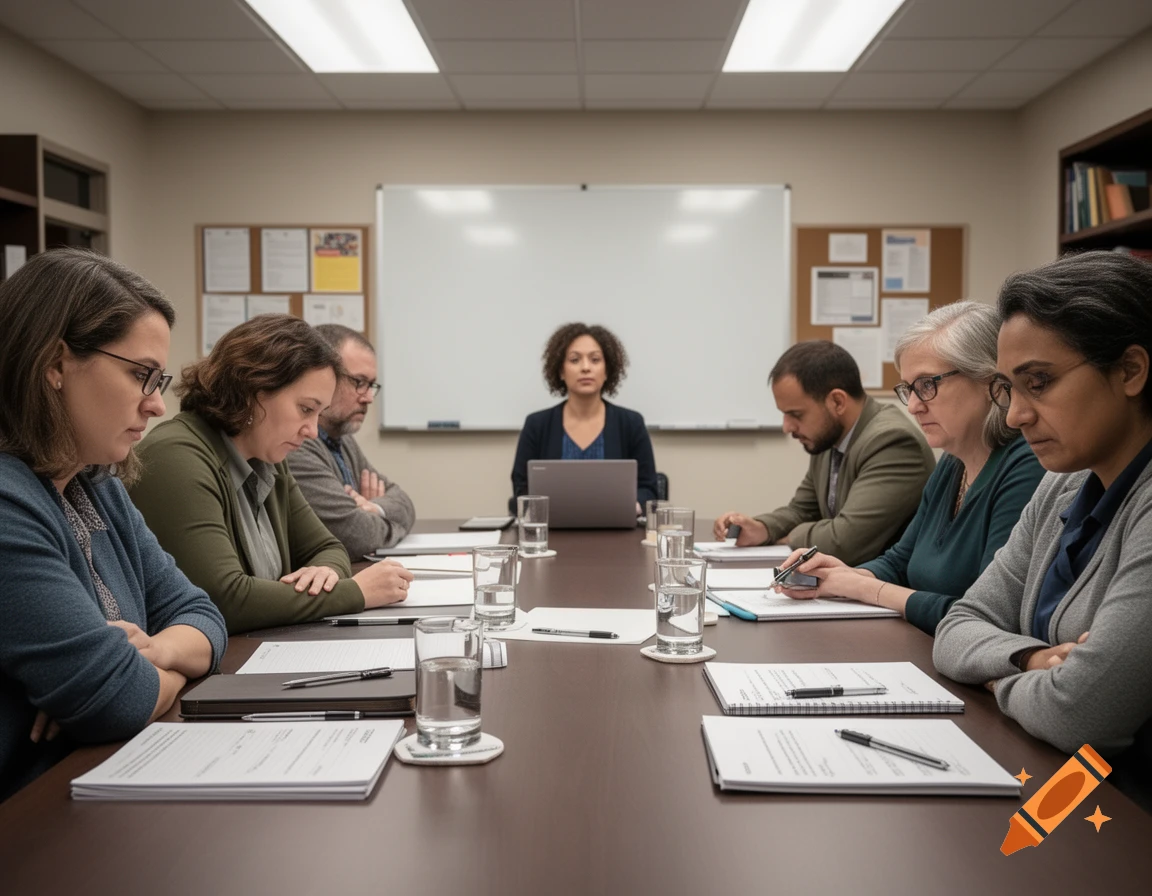 Several people sitting around a long conference table pretending to listen during a meeting, photorealistic style.
