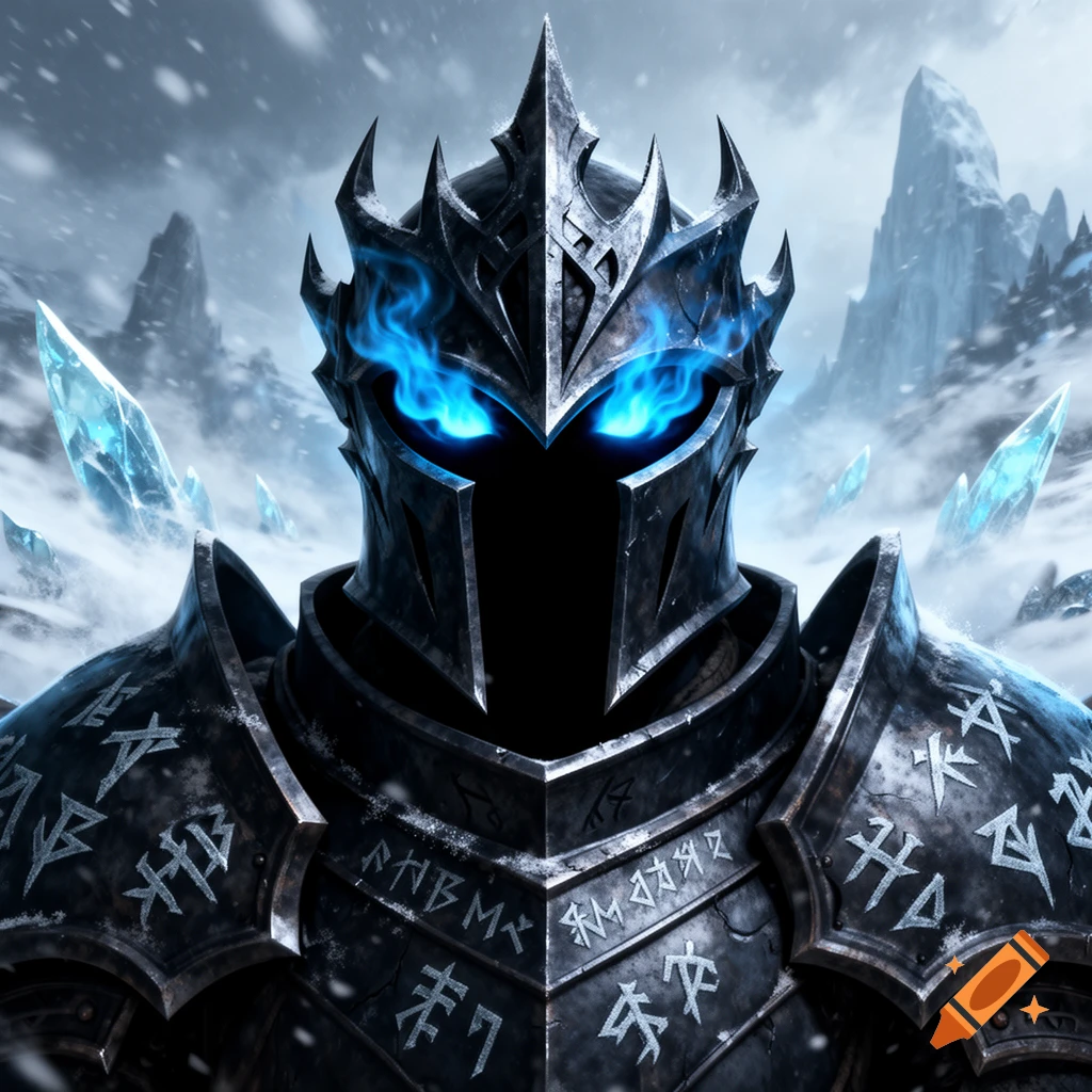 Digital fantasy art portrait of a sinister frost knight with glowing blue eyes and dark plate armor in a snowy blizzard.
