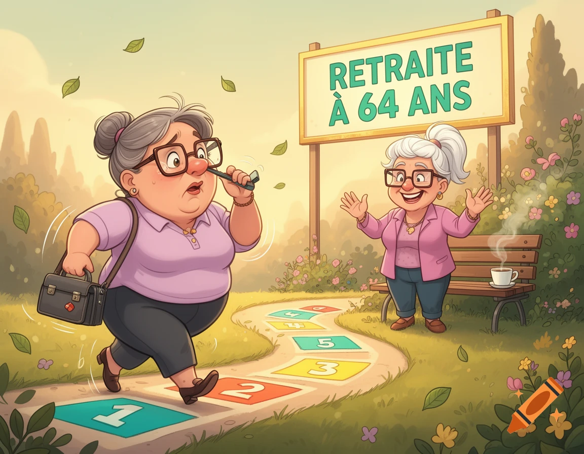 Cartoon illustration of a plump older woman playing hopscotch towards a retirement sign, with another smiling older woman watching from a bench.