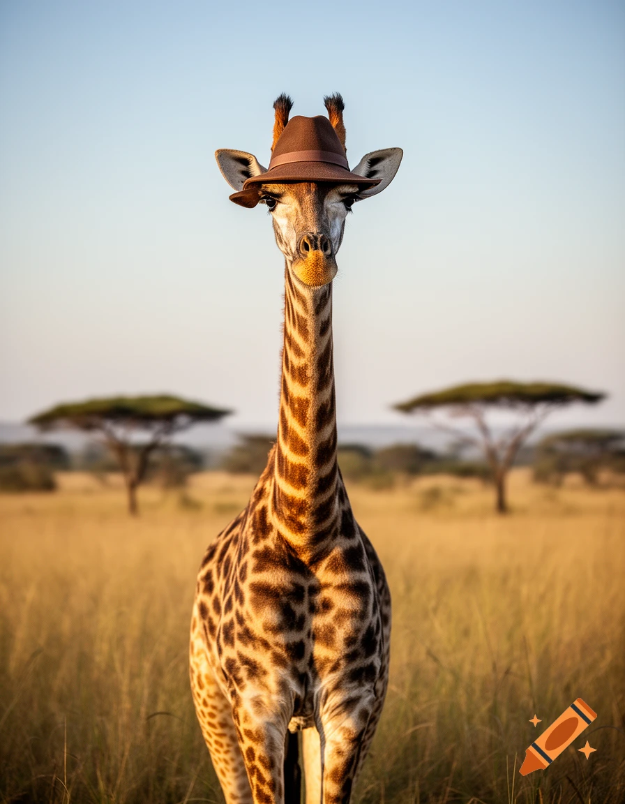 Photorealistic image of a giraffe wearing a brown fedora hat in an African savanna with acacia trees in the background.