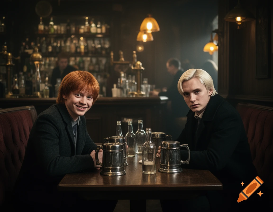 Two young men sitting in a dimly lit tavern with pewter mugs on the wooden table, photorealistic style.