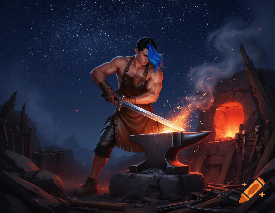 Digital art of a muscular young blacksmith with blue-streaked hair forging a glowing sword on an anvil at night.