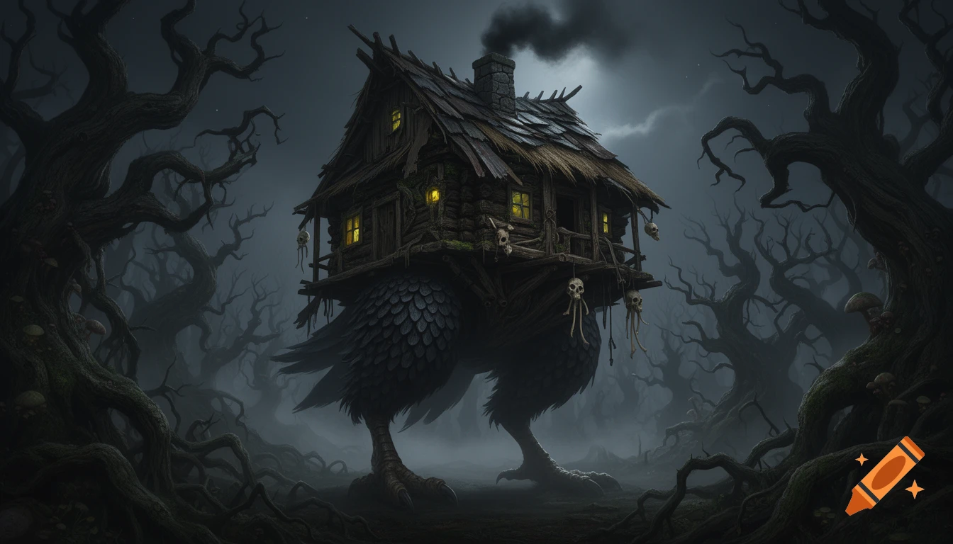Dark fantasy concept art of a crooked wooden hut standing on giant bird legs in a misty forest at night.