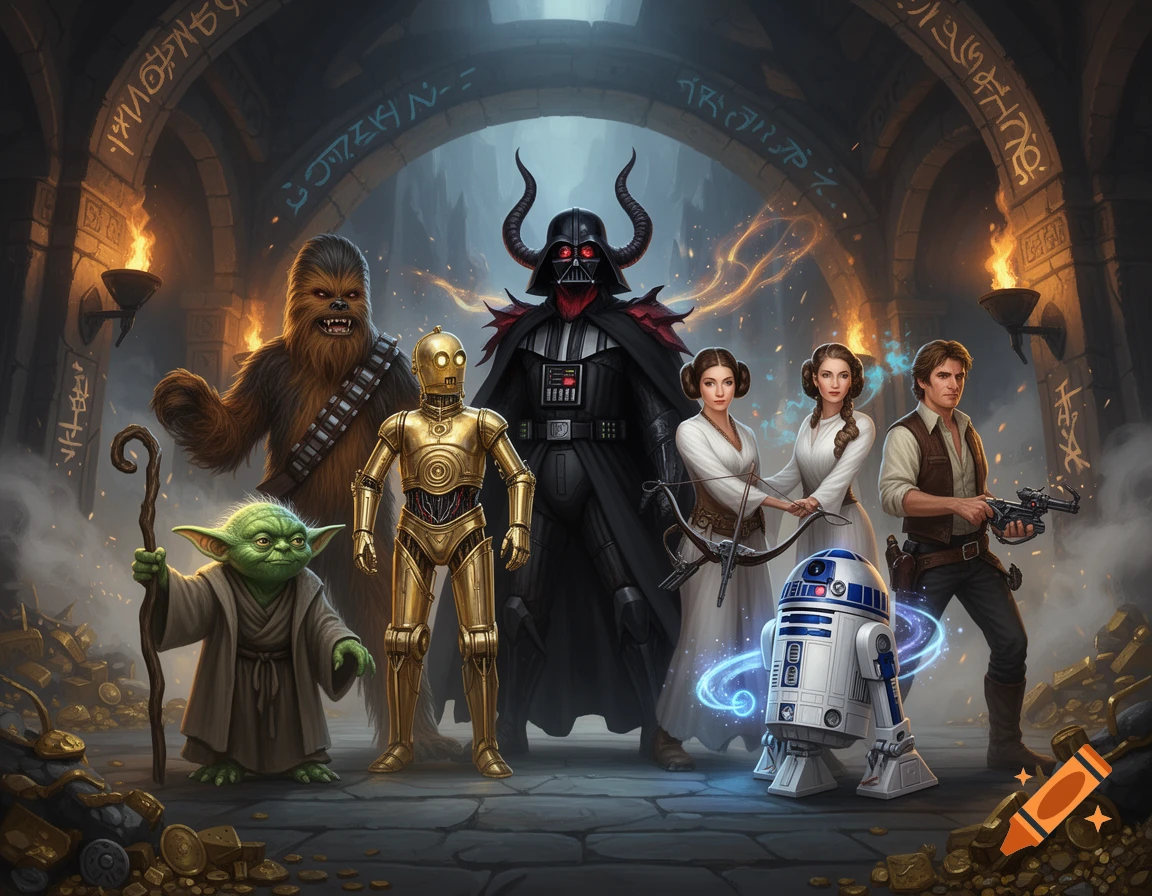 An epic Dungeons and Dragons fantasy group portrait featuring Star Wars characters reimagined as different races in a stone archway dungeon.