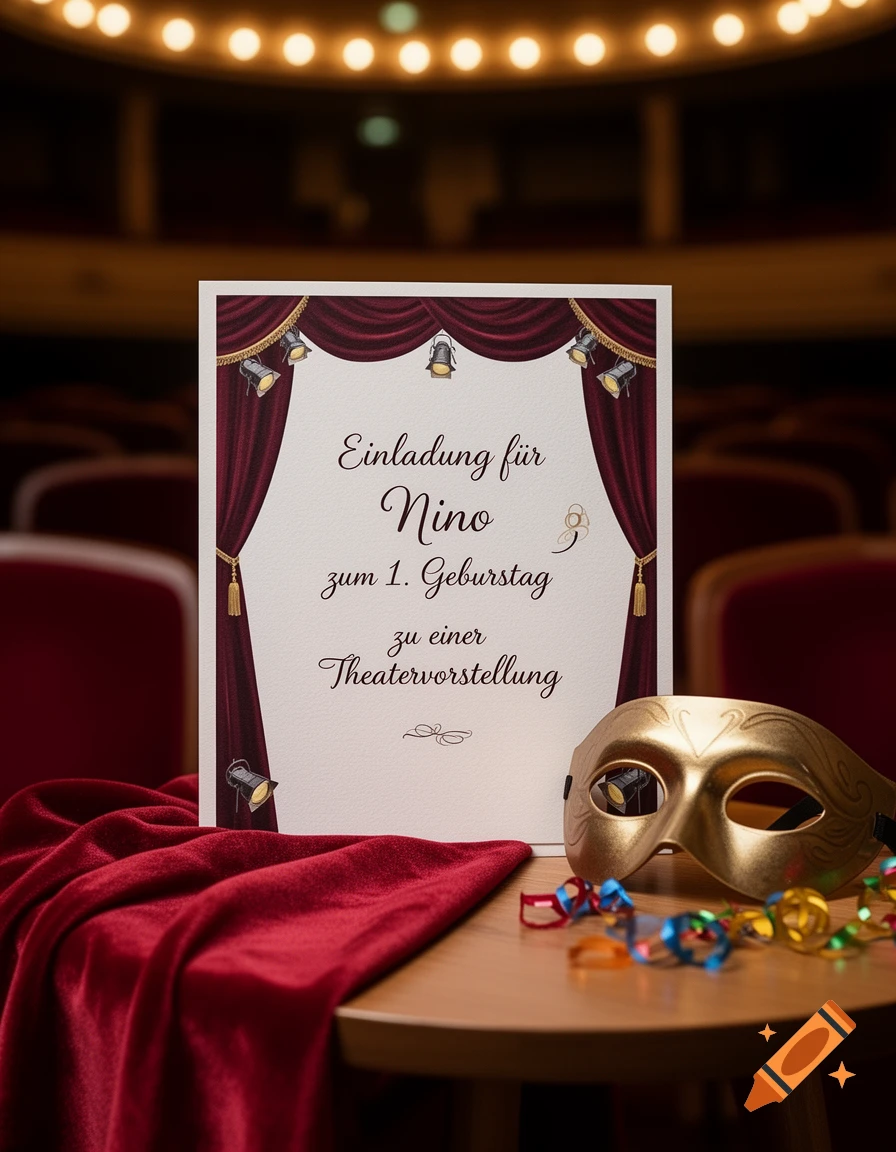 An invitation card for a first birthday theater party displayed on a table with a gold mask and red velvet drape in a theater setting.