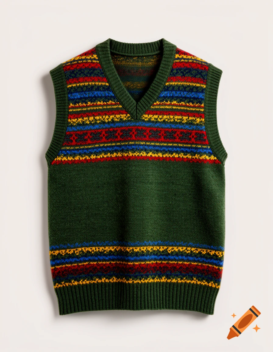 A green knitted v-neck vest with colorful Fair Isle stripes in red, blue, and yellow on a neutral background.