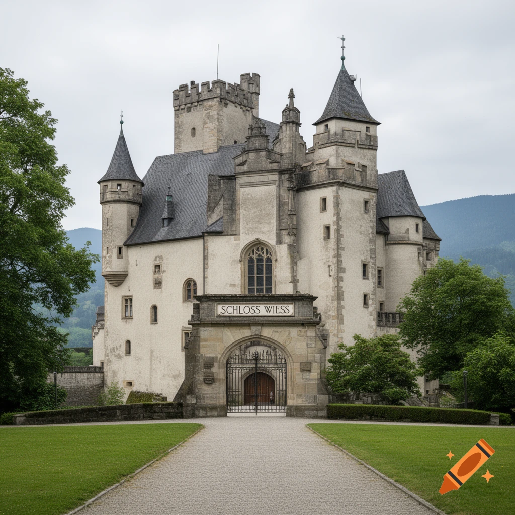 Photorealistic image of Schloss Wiess, a medieval European castle with a stone gateway, towers, and a gravel path leading to the entrance.