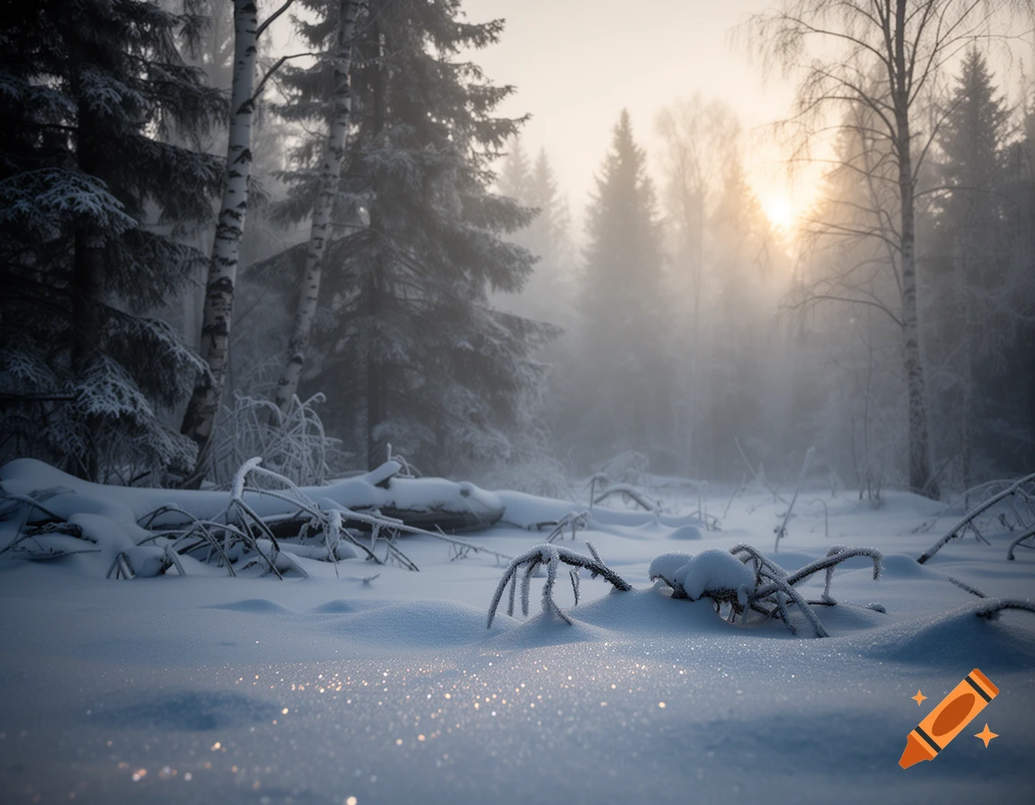 Photorealistic winter forest landscape with snow-covered ground, frosty branches, and glowing sunlight through fog.