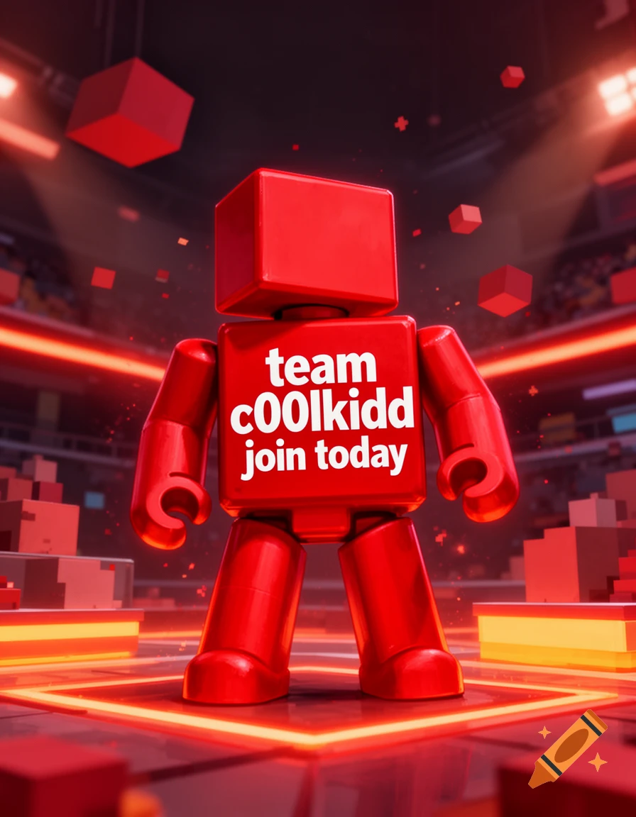 A red plastic Roblox noob character standing in a glowing red arena with text team c00lkidd join today on its chest