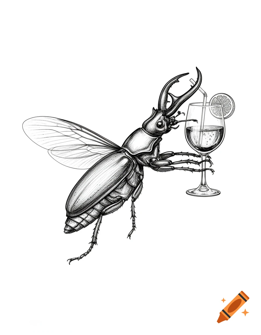 Black and white line drawing of a stag beetle standing and drinking from a wine glass with a straw.