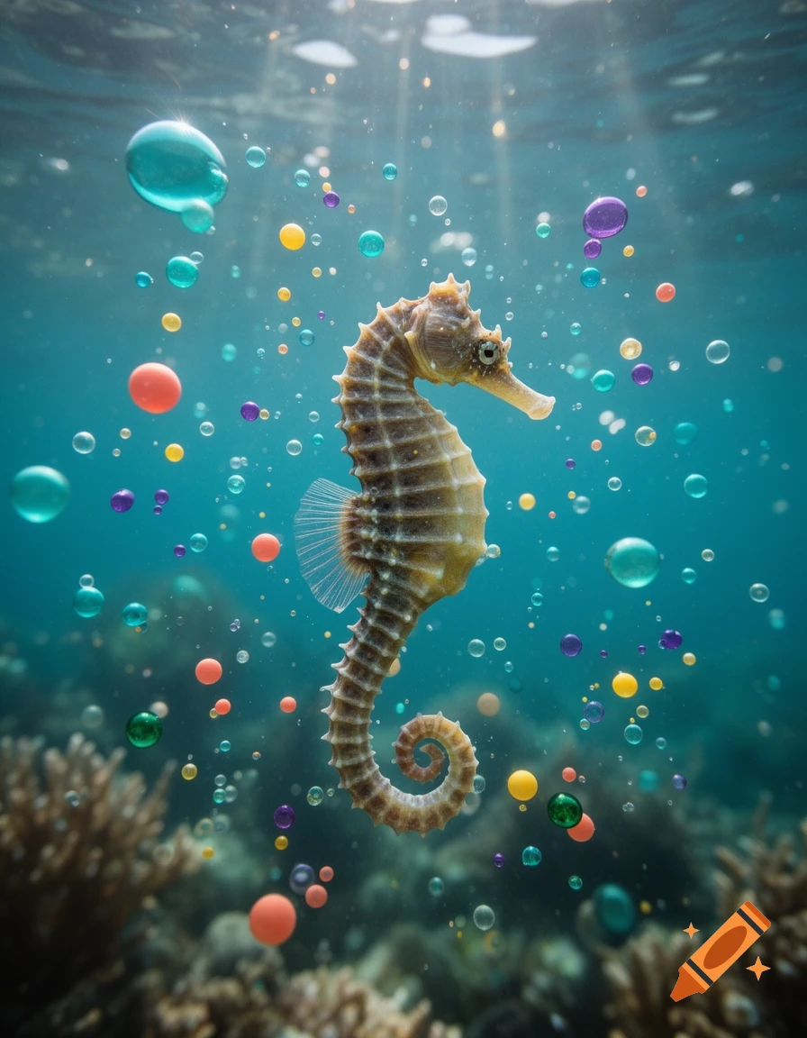 A photorealistic seahorse swimming underwater surrounded by numerous colorful glowing bubbles and coral reefs.
