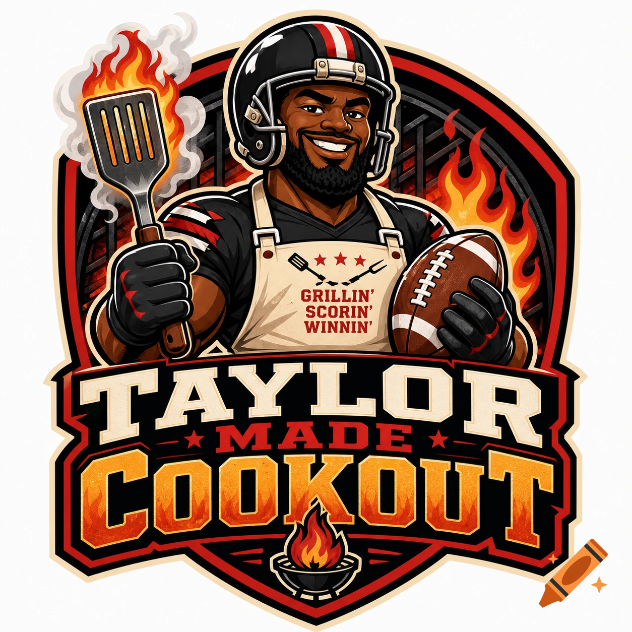 Fantasy football team logo featuring a smiling football player wearing a helmet and apron, holding a flaming spatula and football, with bold text reading 'Taylor Made Cookout'.