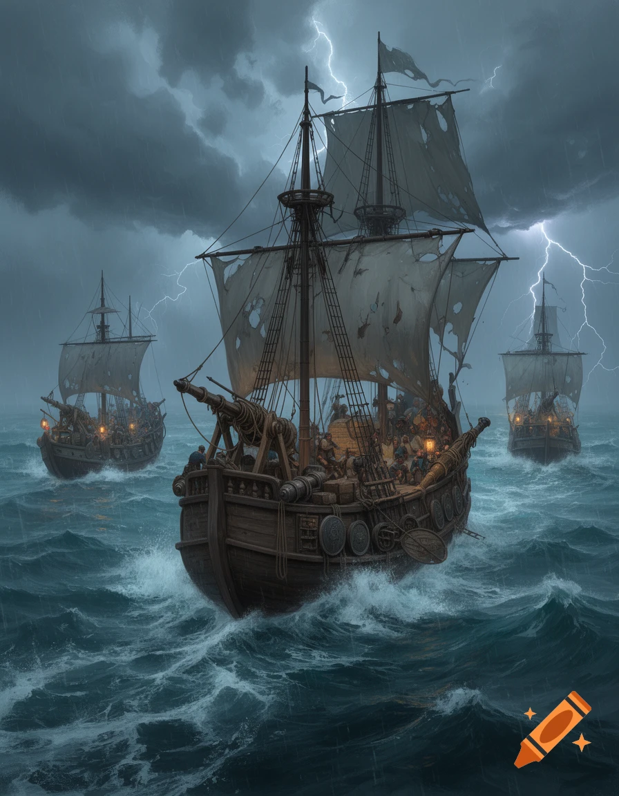 A detailed digital painting of a large wooden fluyt sailing ship fleeing across a stormy sea while pursued by two smaller ships amidst lightning.