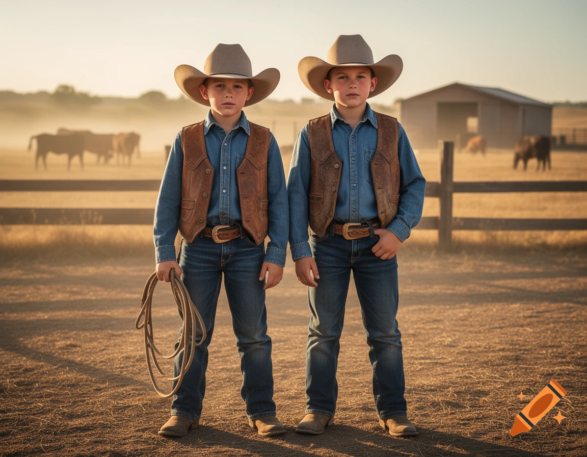 Photorealistic image of two young boys dressed as cowboys with hats, vests, and jeans standing on a ranch.