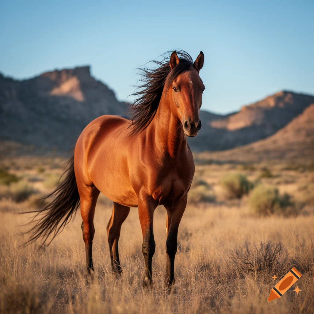 Photorealistic image of a brown mustang horse standing in a grassy field with mountains in the background under a blue sky.