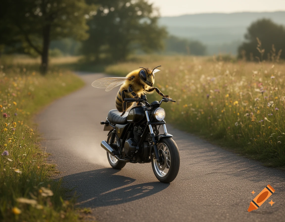 Photorealistic image of a large bee riding a black motorcycle along a paved country road through a grassy field.