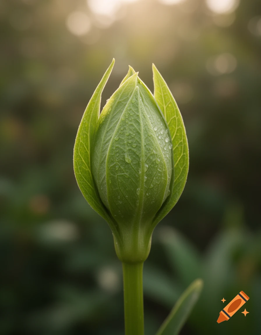 Close-up of a closed green flower bud with dew drops in soft morning light, photorealistic.