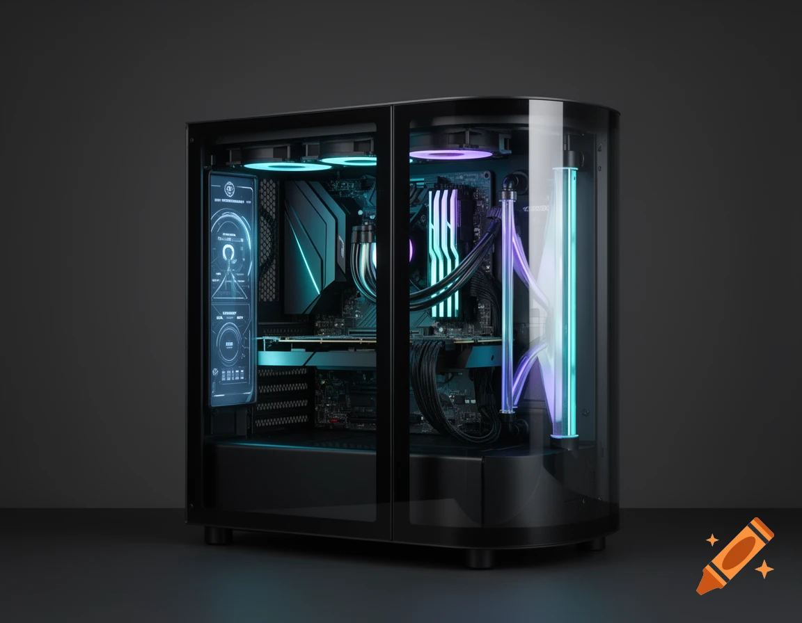 Modern gaming PC case with curved tempered glass panels, internal liquid cooling, RGB lighting, and an internal display screen.