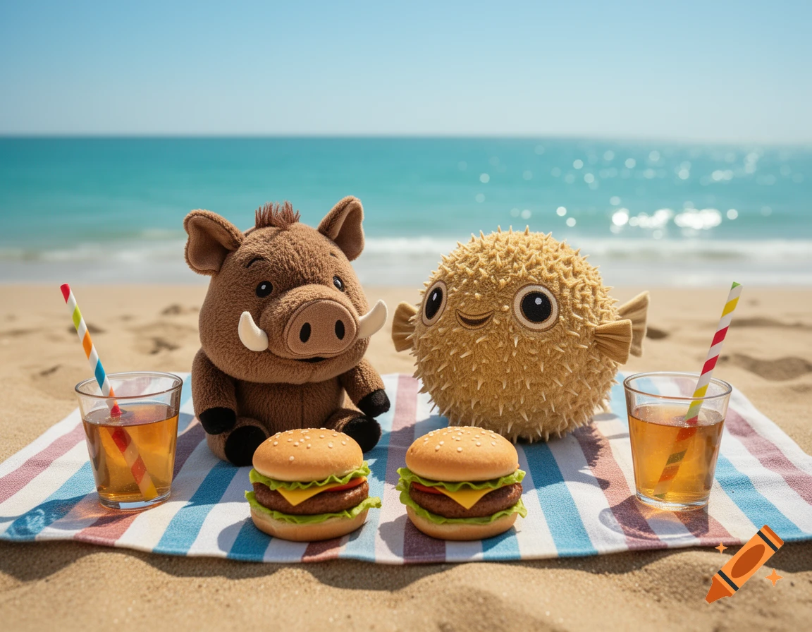 Plush wild boar and pufferfish toys sitting on a beach towel with miniature hamburgers and drinks, with the sea in the background.