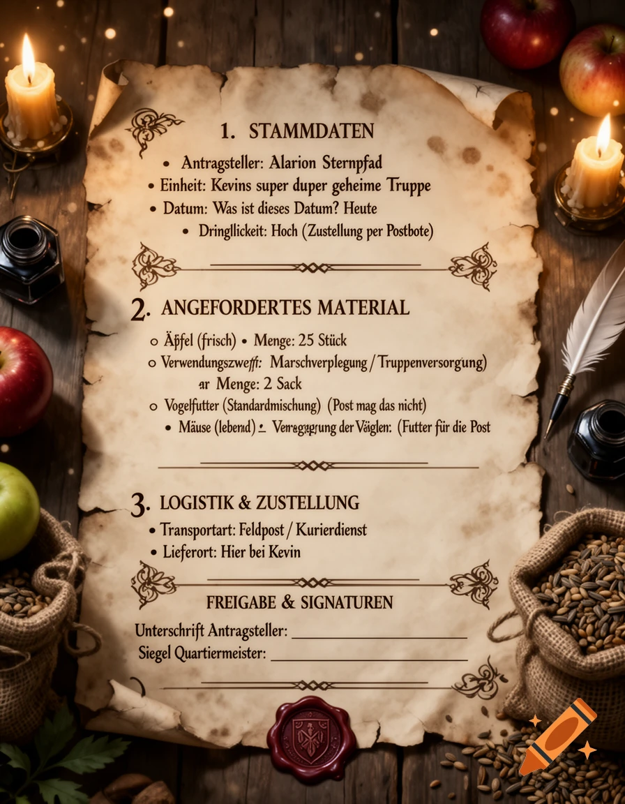 An ancient parchment document with German text, a red wax seal, surrounded by candles, ink, a quill, apples, and sacks of grain on a wooden table.