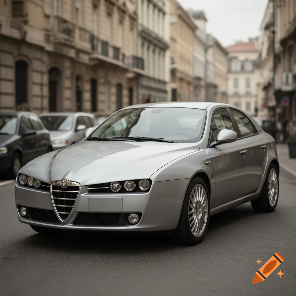Photorealistic image of a silver Alfa Romeo 159 parked on a European city street lined with buildings.