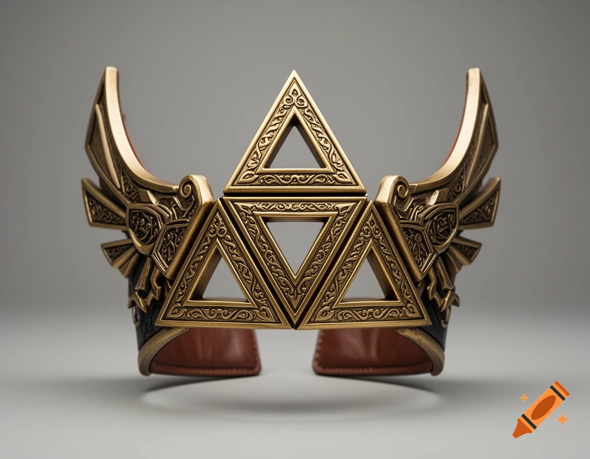 Photorealistic gold Legend of Zelda Triforce crown with wing details on a neutral grey background.