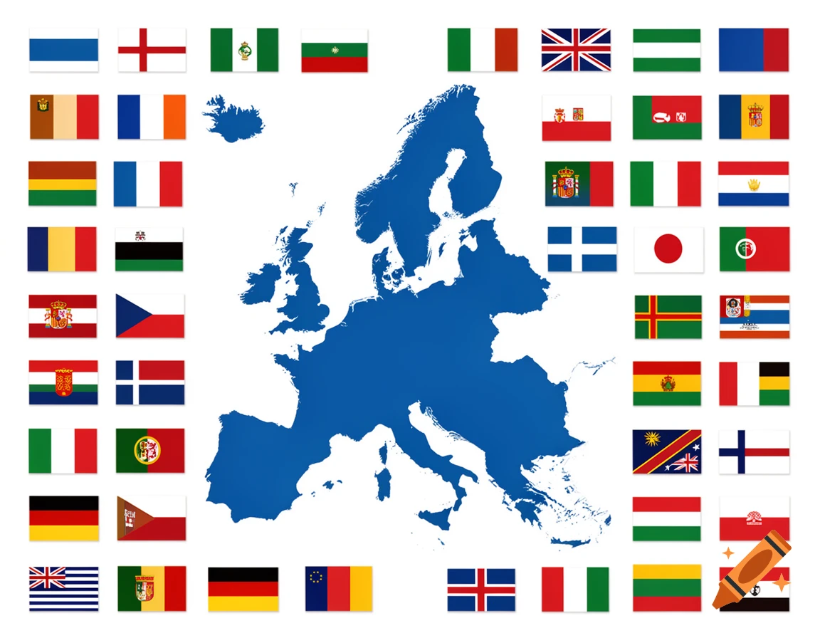 Blue map of Europe surrounded by various national flags on a white background.