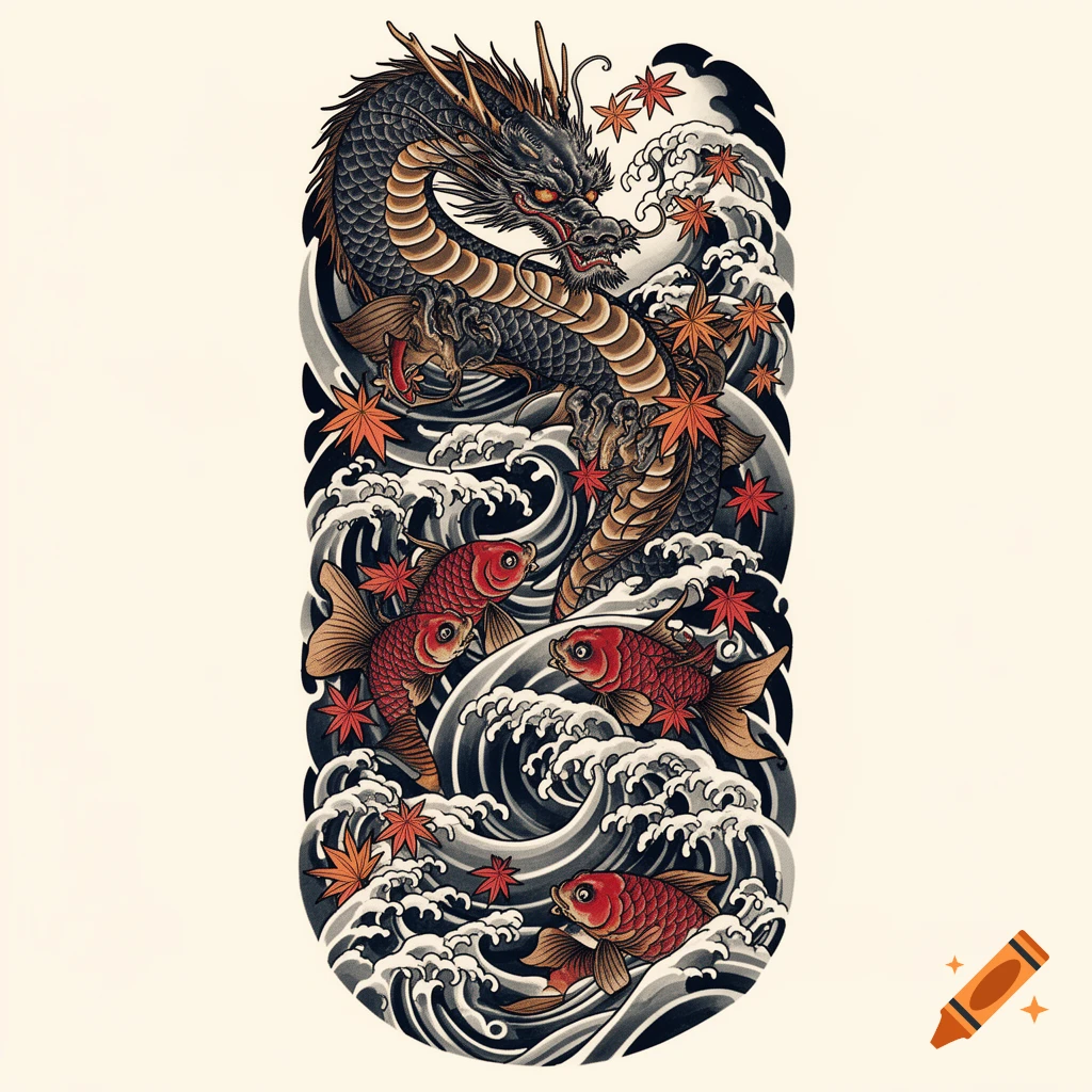 Traditional Japanese style tattoo flash featuring a dark dragon among stylized waves and red maple leaves, with several koi fish.