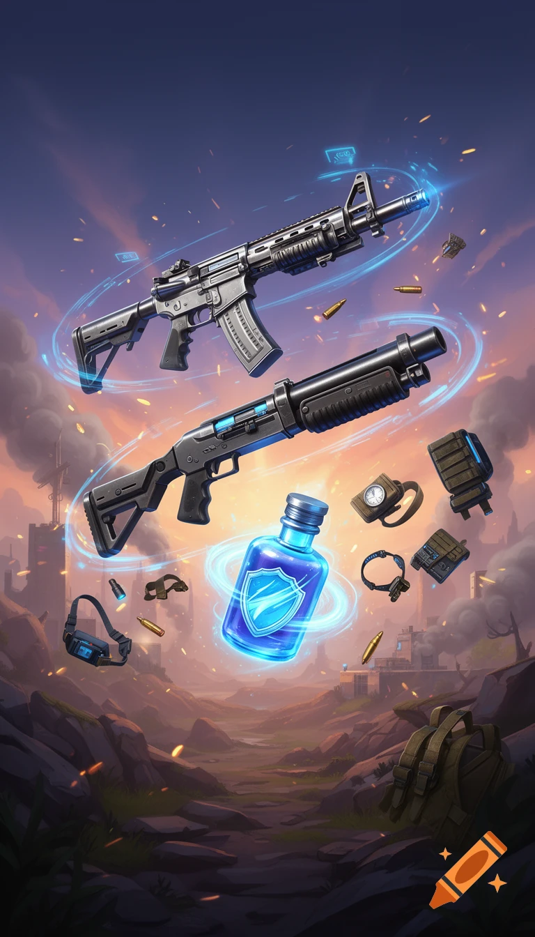 Digital art of floating tactical weapons, shield potion, and accessories against a sunset sky and ruined landscape.