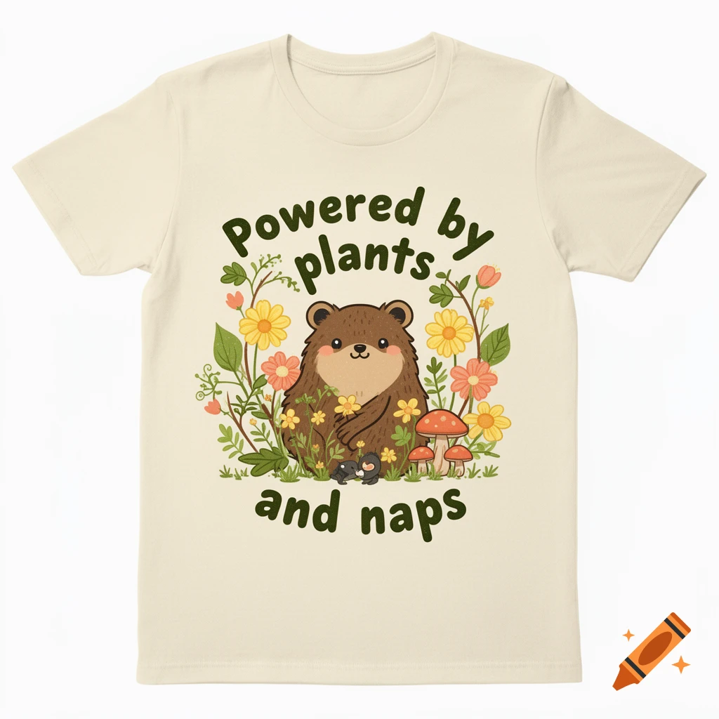 Beige t-shirt featuring an illustrated brown bear surrounded by flowers and mushrooms, with text reading Powered by plants and naps.