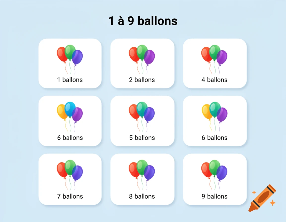 Educational graphic showing numbers 1 to 9 with corresponding groups of colorful balloons on white cards against a light blue background.