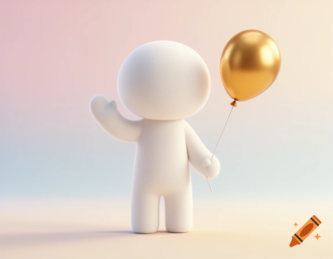 3D render of a cute, minimalist white plush figure waving and holding a golden balloon against a pastel background.