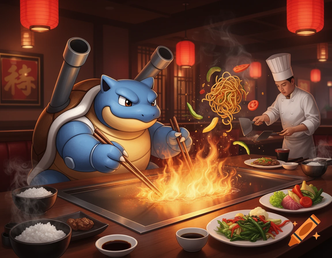 Digital illustration of Blastoise using chopsticks to cook at a hibachi restaurant grill.