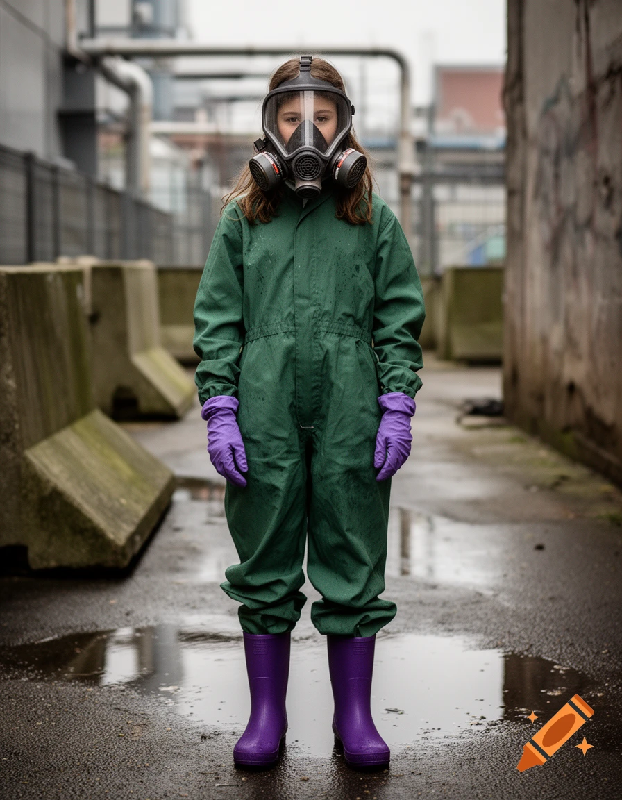 Photorealistic full-body shot of a young teenager wearing a full gas mask, green jumpsuit, purple gloves, and purple rain boots standing in an alleyway.